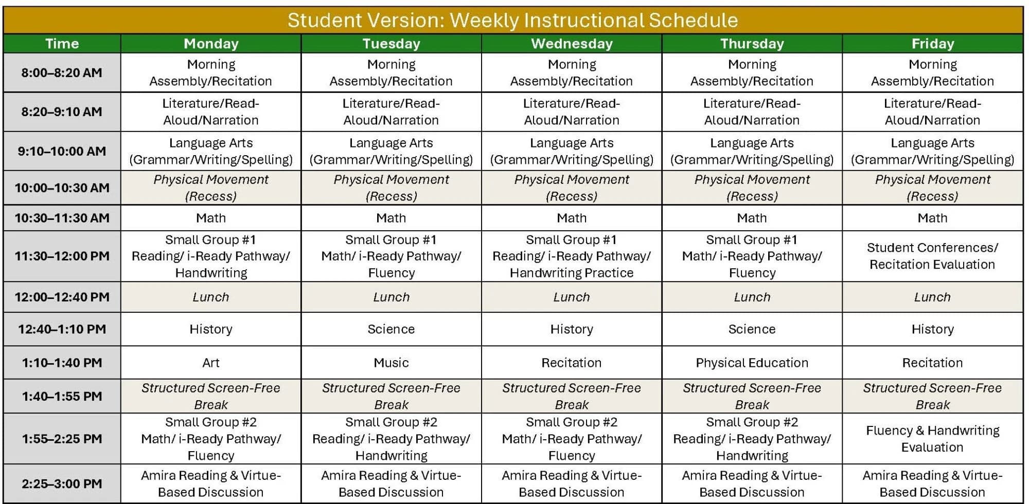 Student Version: Weekly Instructional Schedule