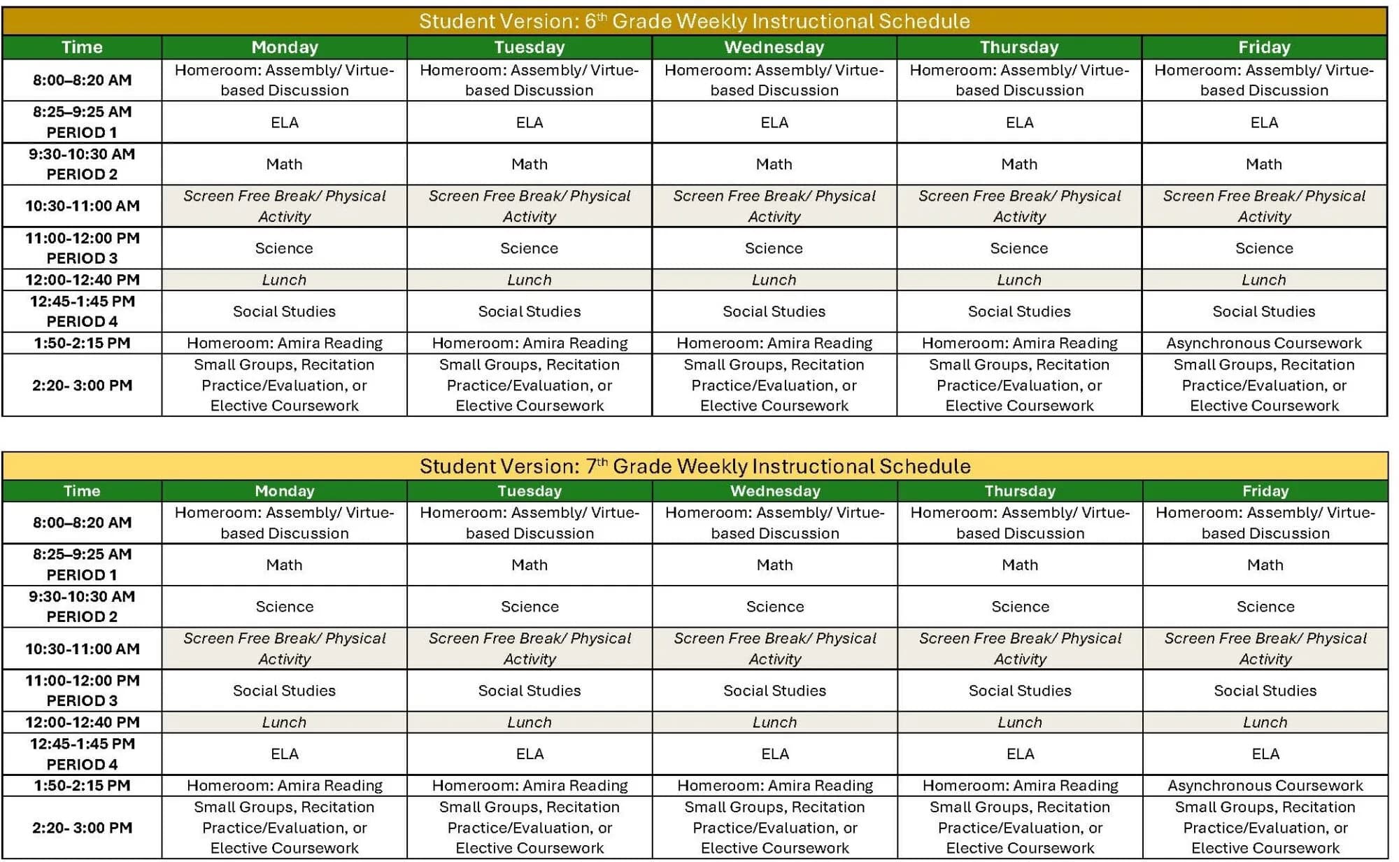 Student weekly instructional schedules for 6th and 7th grade, Monday to Friday from 8:00 AM to 3:00 PM