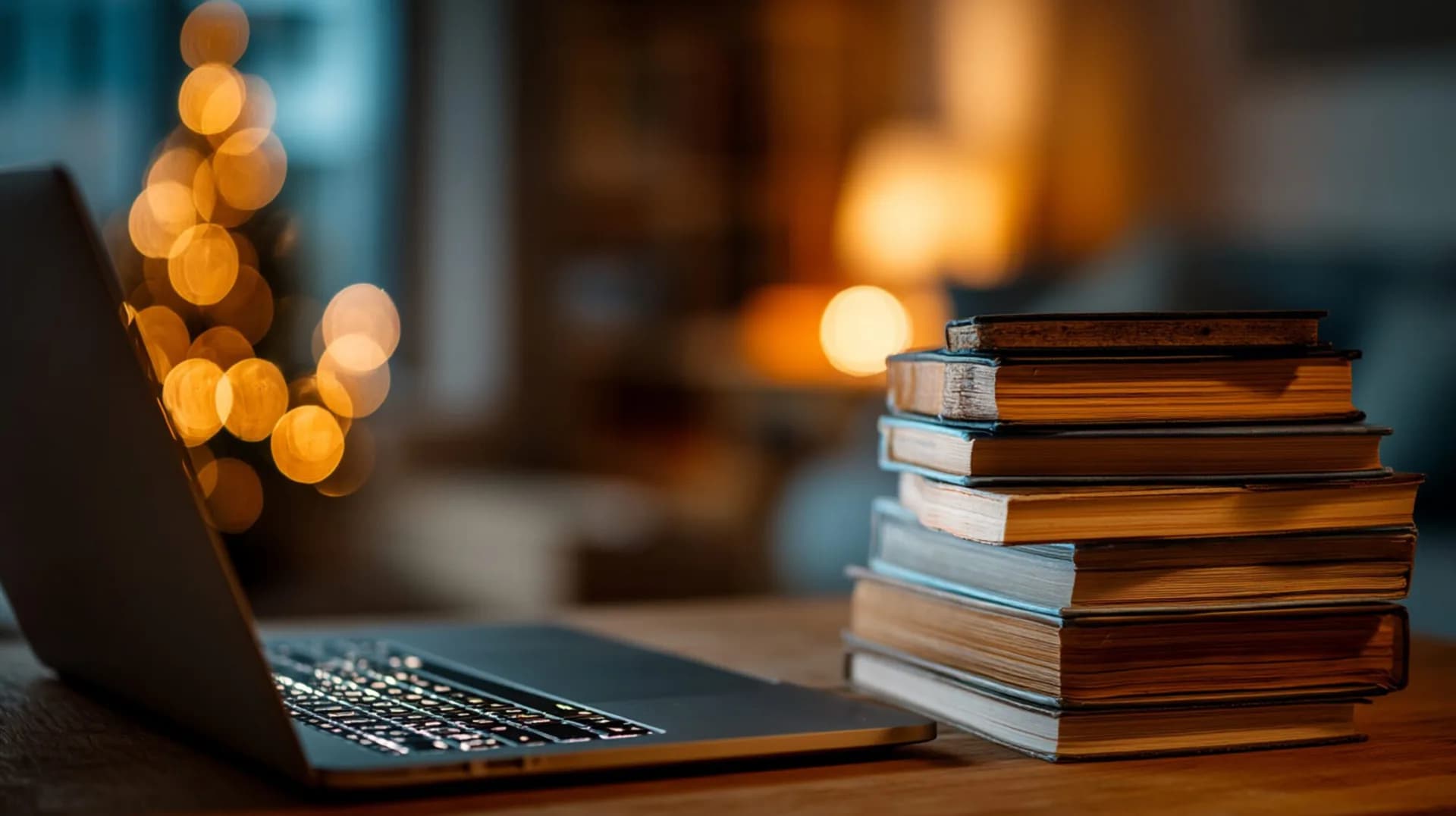 Laptop beside a stack of books on a desk