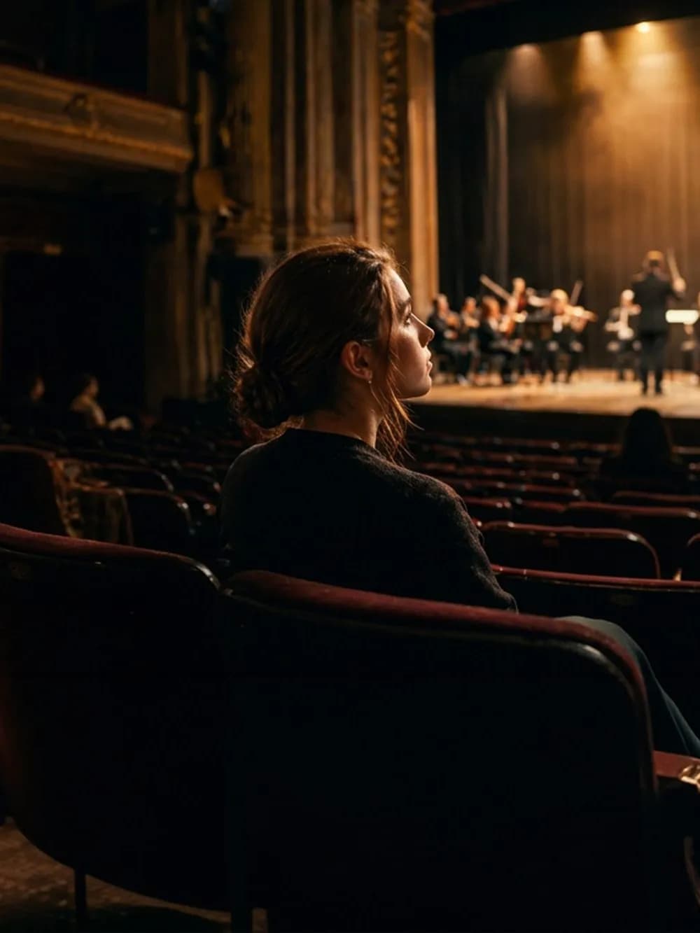 Student listening to an orchestra from a concert hall seat
